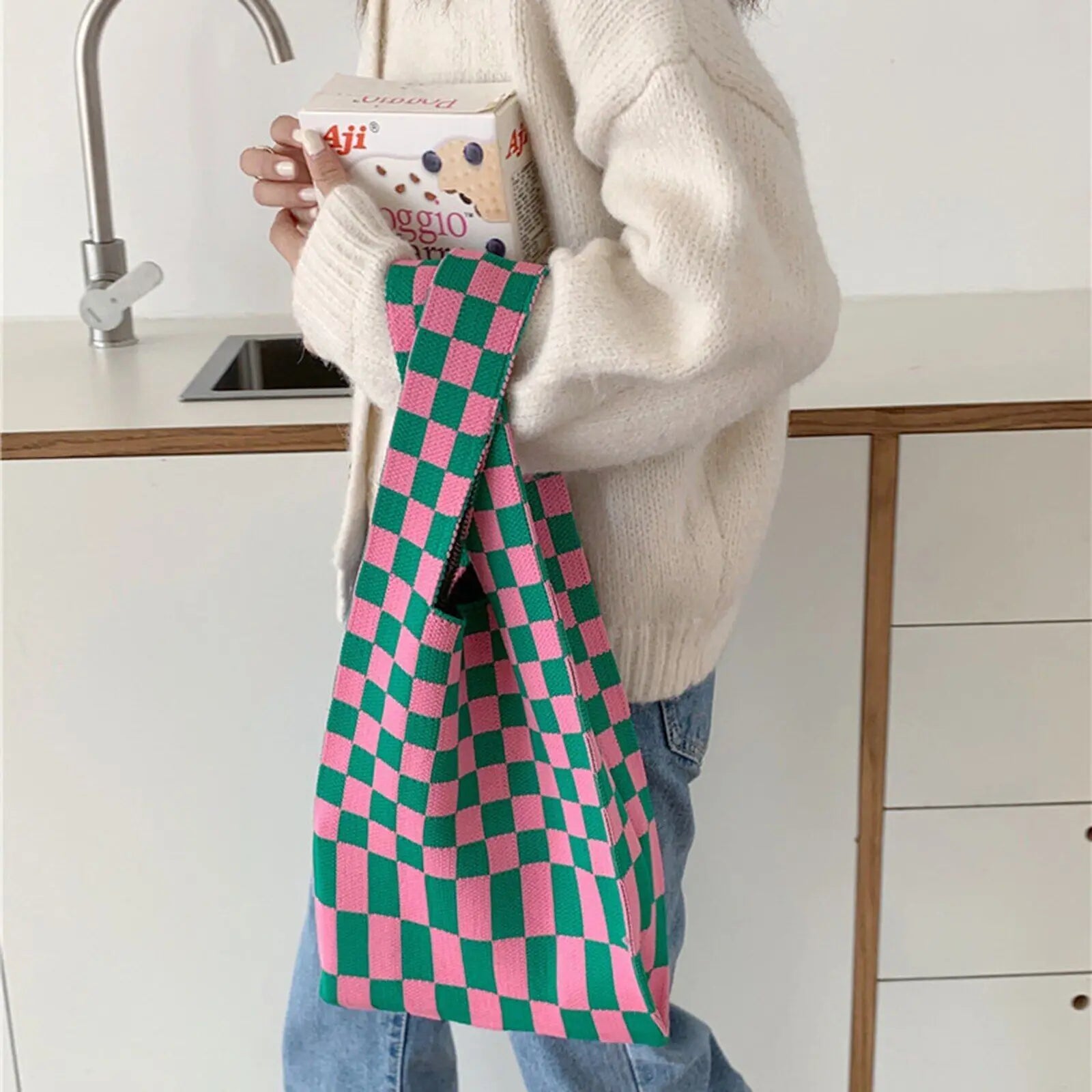 Checkered Tote Shoulder Bags Retro Weave Plaid Handbags Contrast Striped