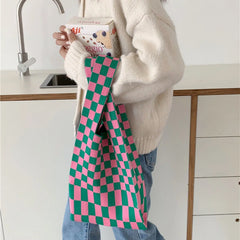 Checkered Tote Shoulder Bags Retro Weave Plaid Handbags Contrast Striped