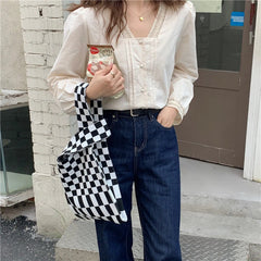 Checkered Tote Shoulder Bags Retro Weave Plaid Handbags Contrast Striped