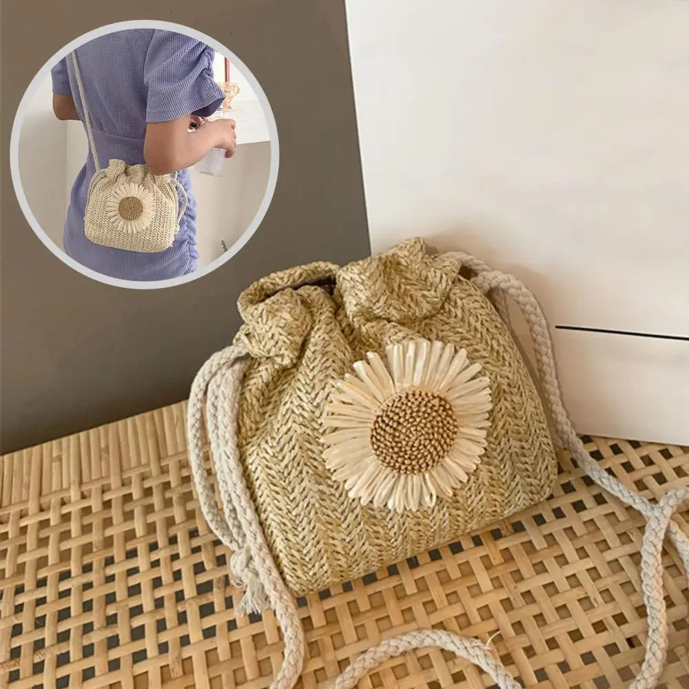 Sunflower Straw Shoulder Bag Knit Drawstring Bucket Pouch