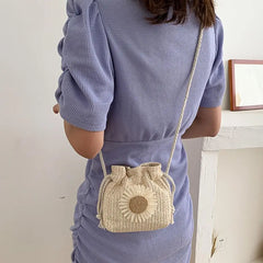 Sunflower Straw Shoulder Bag Knit Drawstring Bucket Pouch