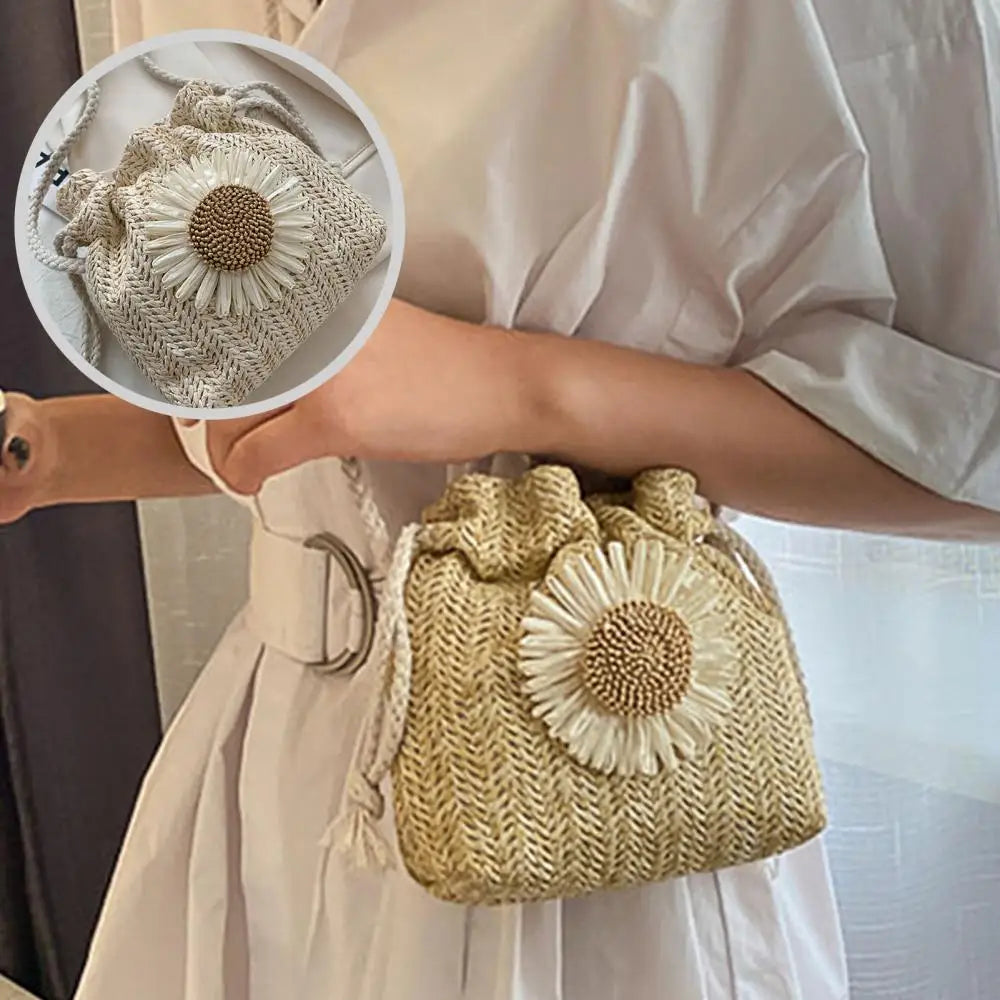 Sunflower Straw Shoulder Bag Knit Drawstring Bucket Pouch