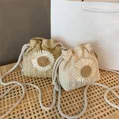 Sunflower Straw Shoulder Bag Knit Drawstring Bucket Pouch