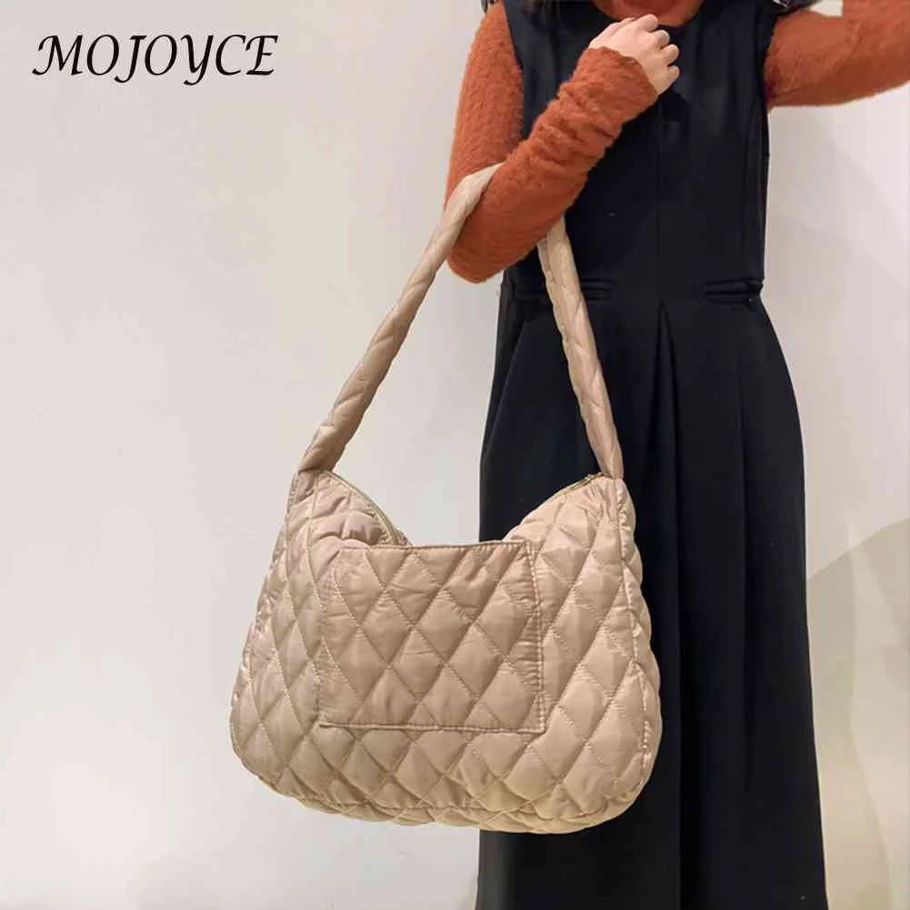 Women Cotton-padded Rhombic Lattice Handbag Large Capacity Tote Solid Color