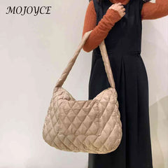 Women Cotton-padded Rhombic Lattice Handbag Large Capacity Tote Solid Color