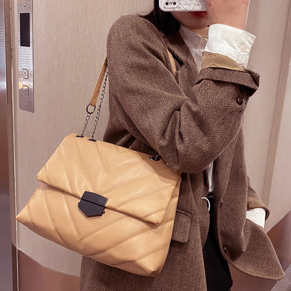 Women Lattice Pattern Handbag Top-handle Chain Purse