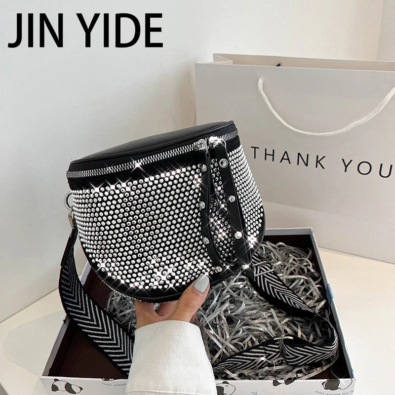 Women's Leather Diamond Shoulder Bag with Rhinestones