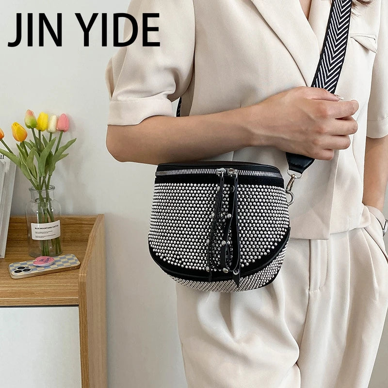 Women's Leather Diamond Shoulder Bag with Rhinestones