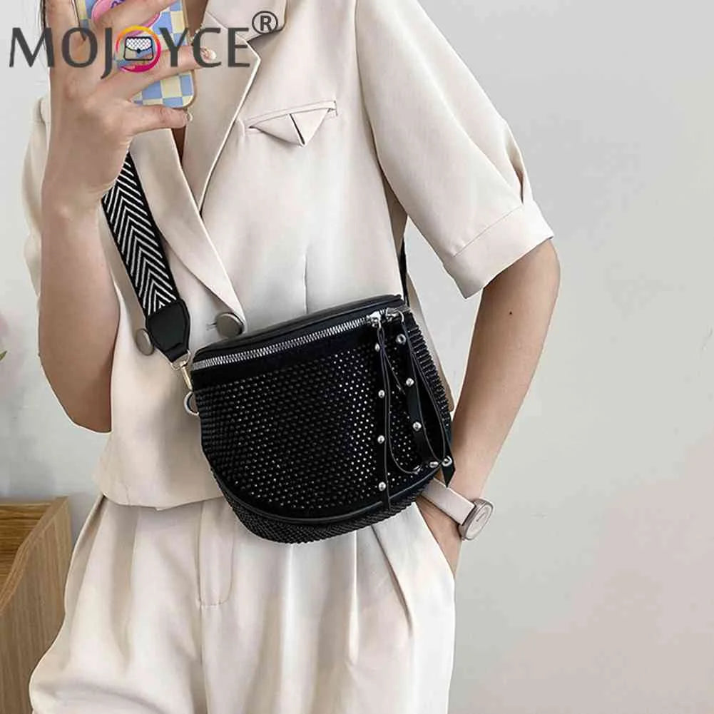 Women Leather Diamond Shoulder Bag Wide Strap Chest Waist Pack Handbags