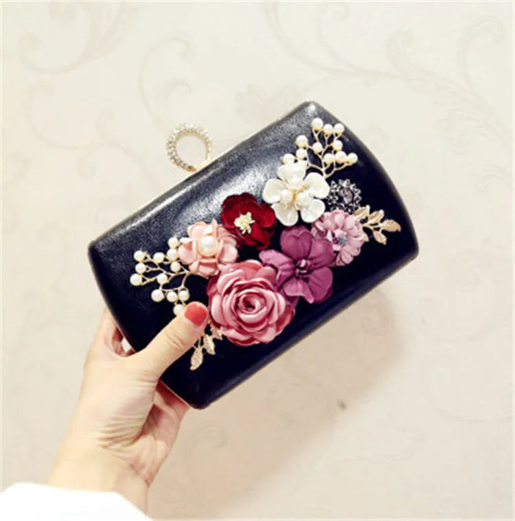 Leather Evening Bag Flower Clutch Purse for Wedding