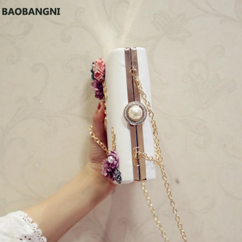 White Leather Evening Bag Wedding Flower Clutch Purse
