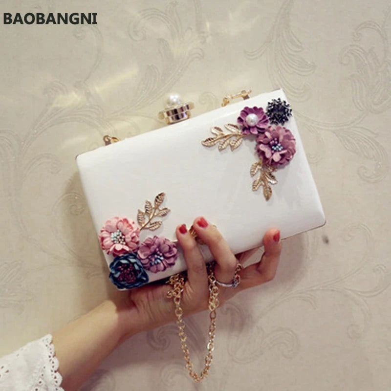White Leather Evening Bag Wedding Flower Clutch Purse