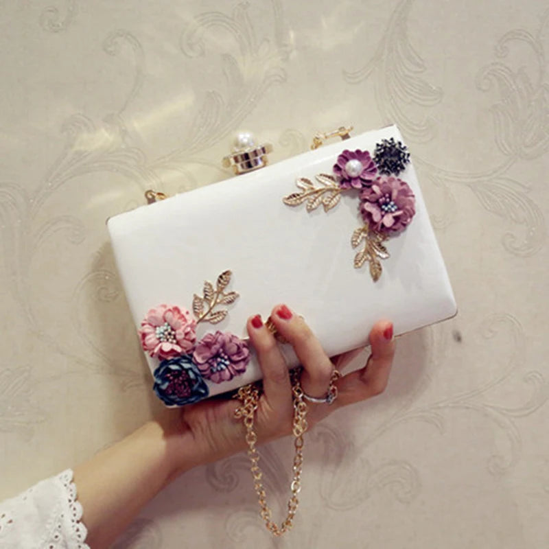 White Leather Flower Clutch Purse Evening Bag