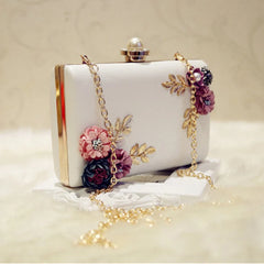 White Leather Evening Bag Flower Clutch Purse