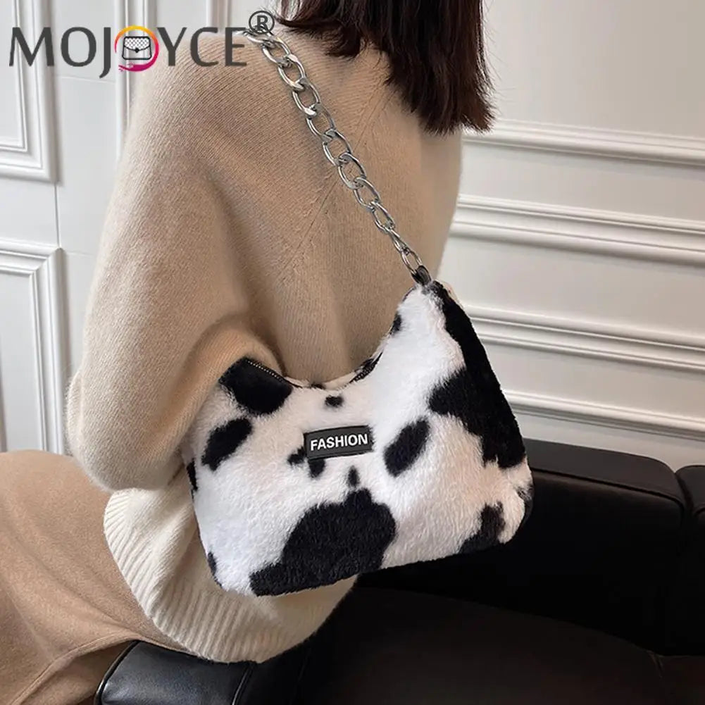 Leopard Printed Shoulder Bag Soft Plush Chain Zipper Handbag