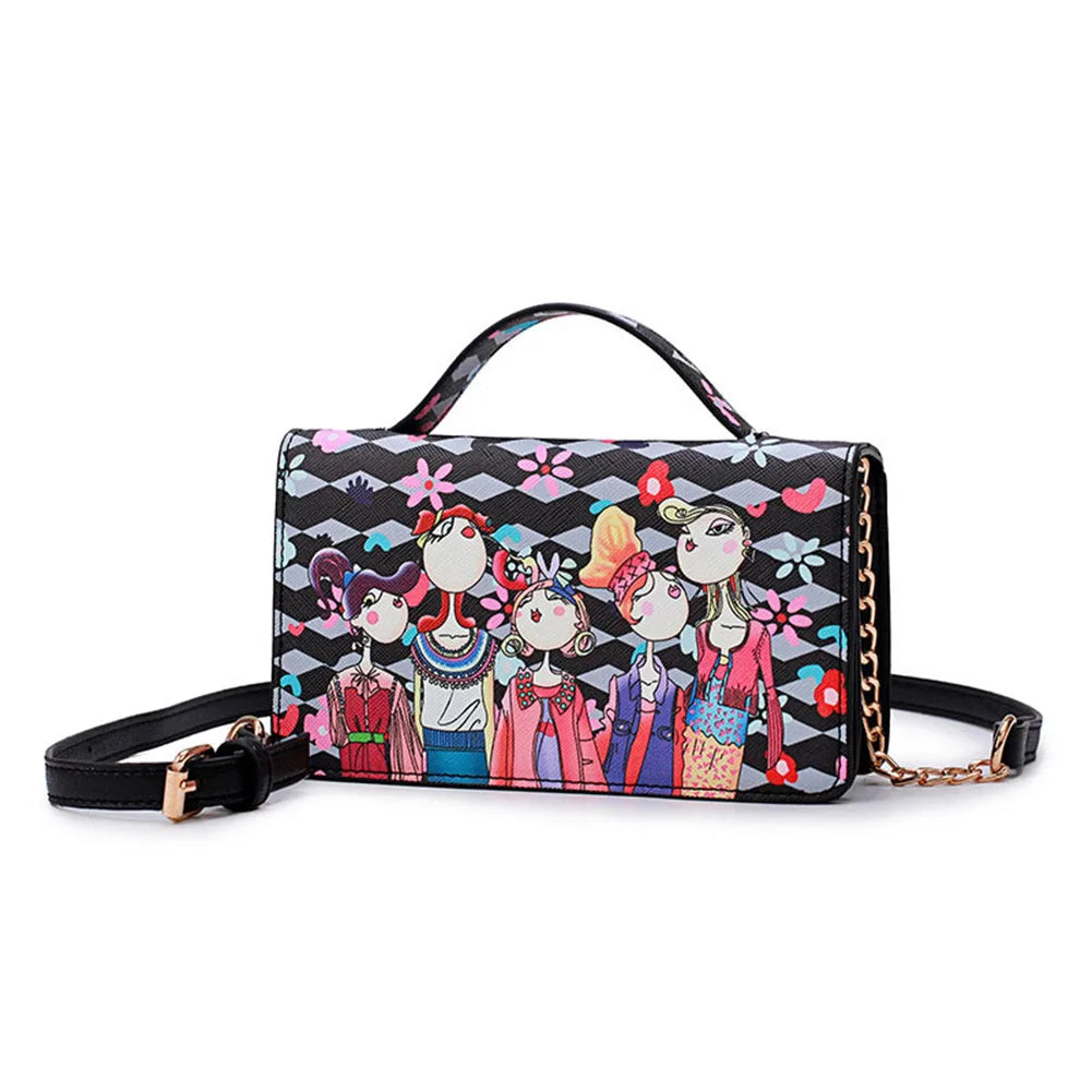 Women Messenger Bag PU Leather Handbag Chain Cartoon Characters
