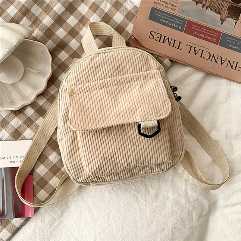 Corduroy Mini Backpack for Women Casual Travel Bookbag