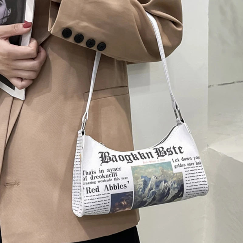 Women Newspaper PU Leather Shoulder Handbag Messenger Bag