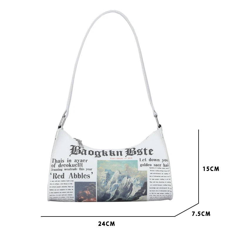 Women Newspaper PU Leather Shoulder Handbag Messenger Bag