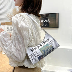 Women Newspaper Printing PU Leather Shoulder Bag Handbag
