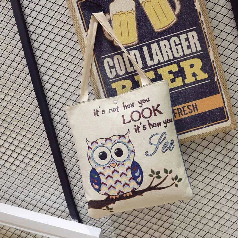 Women Owl Printed Canvas Tote Beach Bag Single Shoulder B