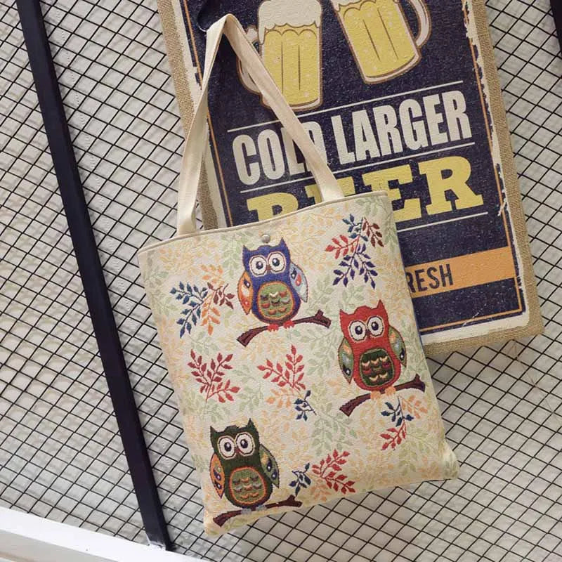 Women Owl Printed Canvas Tote Beach Bag Single Shoulder B