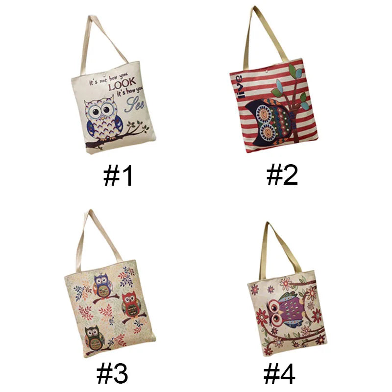 Women Owl Printed Canvas Tote Beach Bag Single Shoulder B