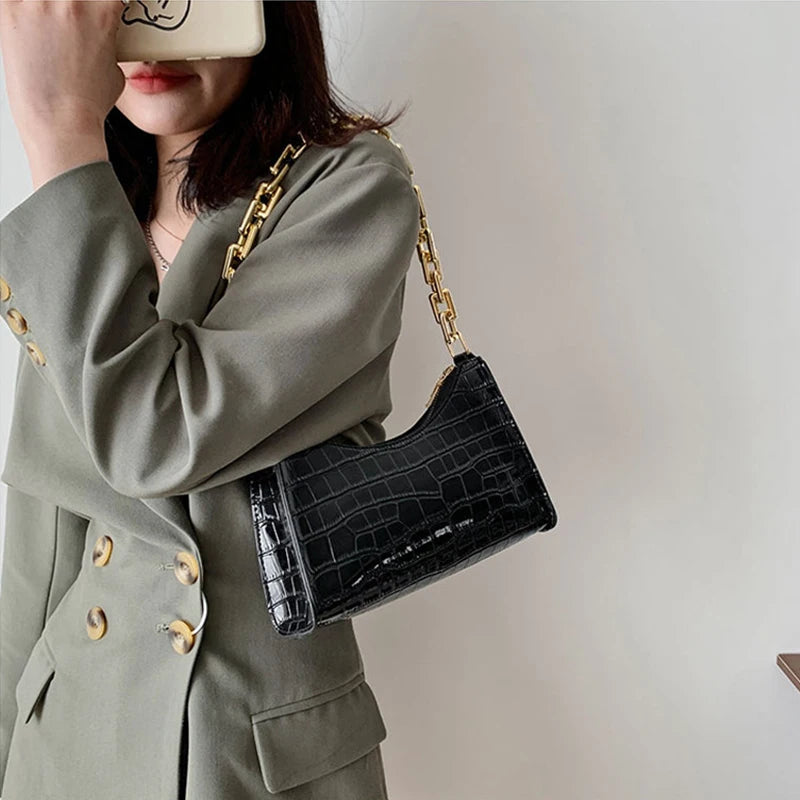 Women PU Leather Shoulder Underarm Bag Retro Ladies Stone Pattern Small Purse Ha