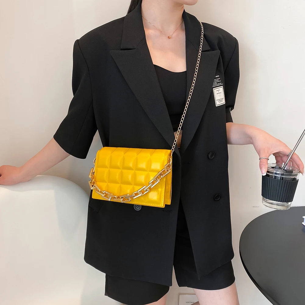 Women PU Messenger Bag Casual Thick Chain Checker Pattern Flap Handbag
