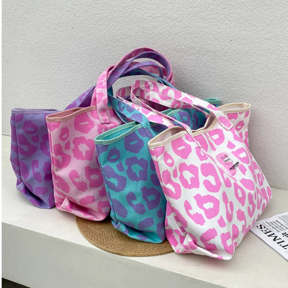 Pink Leopard Pattern Shoulder Bag Canvas Shopping Bag Large Capacity Tote