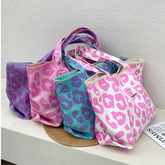 Pink Leopard Pattern Shoulder Bag Canvas Shopping Bag Large Capacity Tote