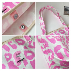 Pink Leopard Pattern Shoulder Bag Canvas Shopping Bag Large Capacity Tote