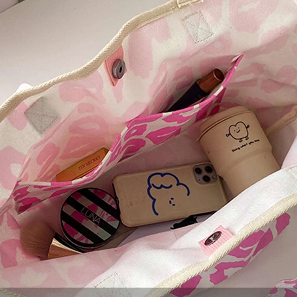 Pink Leopard Pattern Shoulder Bag Canvas Shopping Bag Large Capacity Tote