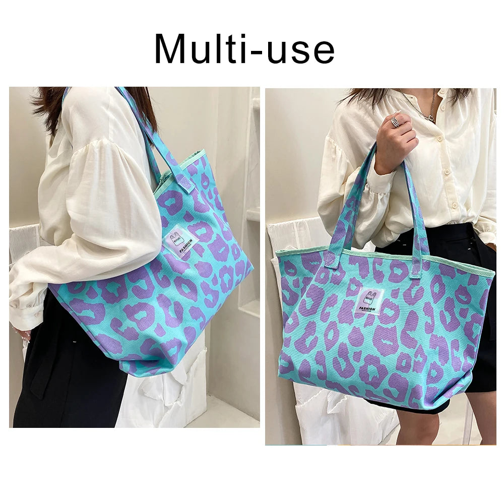Pink Leopard Pattern Shoulder Bag Canvas Shopping Bag Large Capacity Tote