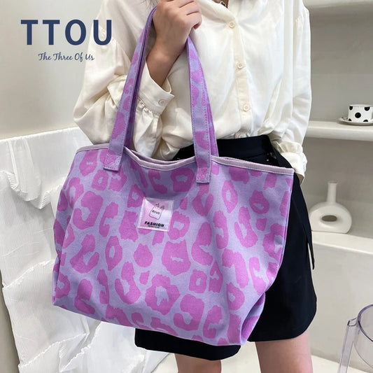 Pink Leopard Pattern Shoulder Bag Canvas Shopping Bag Large Capacity Tote