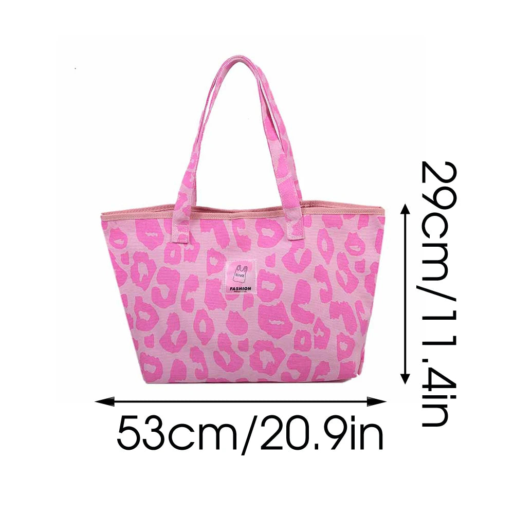 Pink Leopard Pattern Shoulder Bag Canvas Shopping Bag Large Capacity Tote