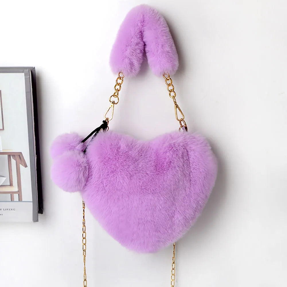 Women Plush Print Shoulder Bag Handbags Warm Winter Fluffy Underarm Bag