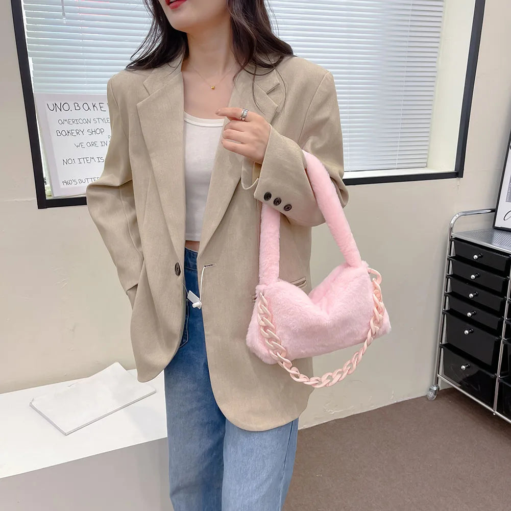 Soft Fluffy Chain Underarm Bag Portable Handle Women Armpit Bag
