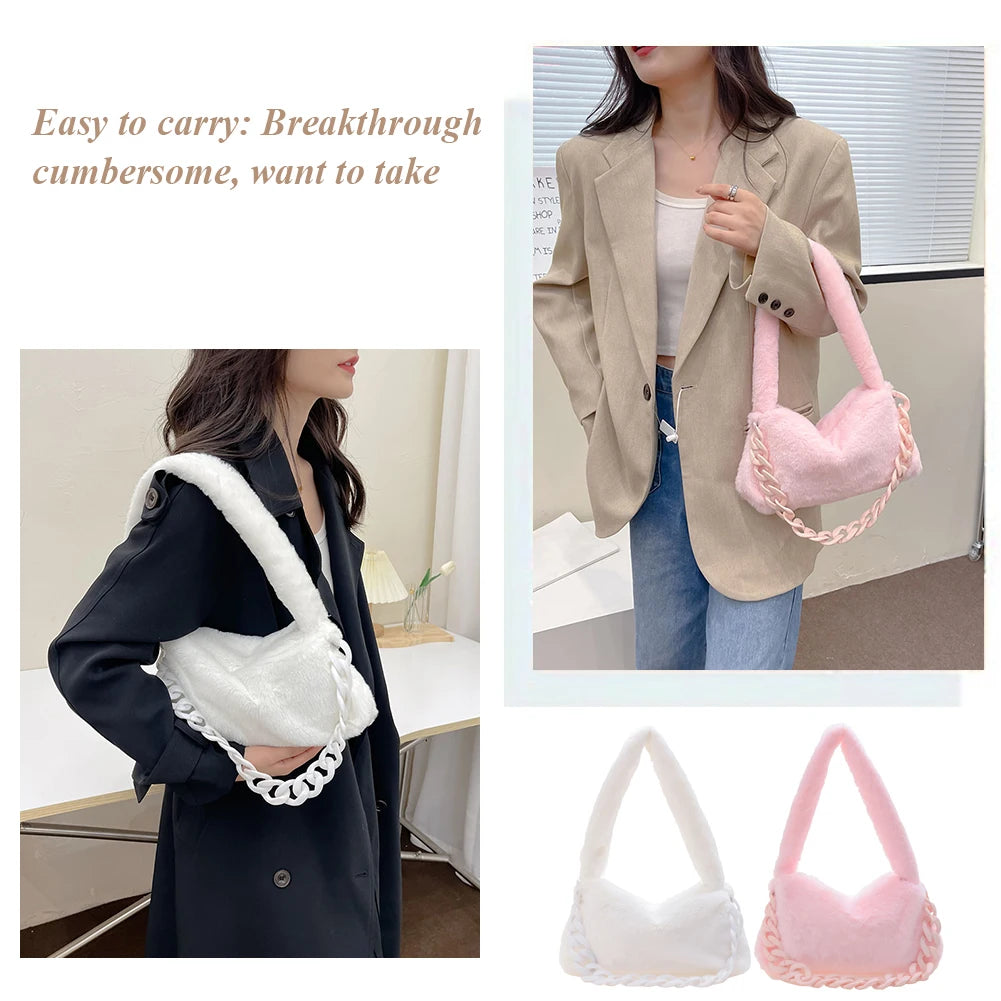 Soft Fluffy Chain Underarm Bag Portable Handle Women Armpit Bag