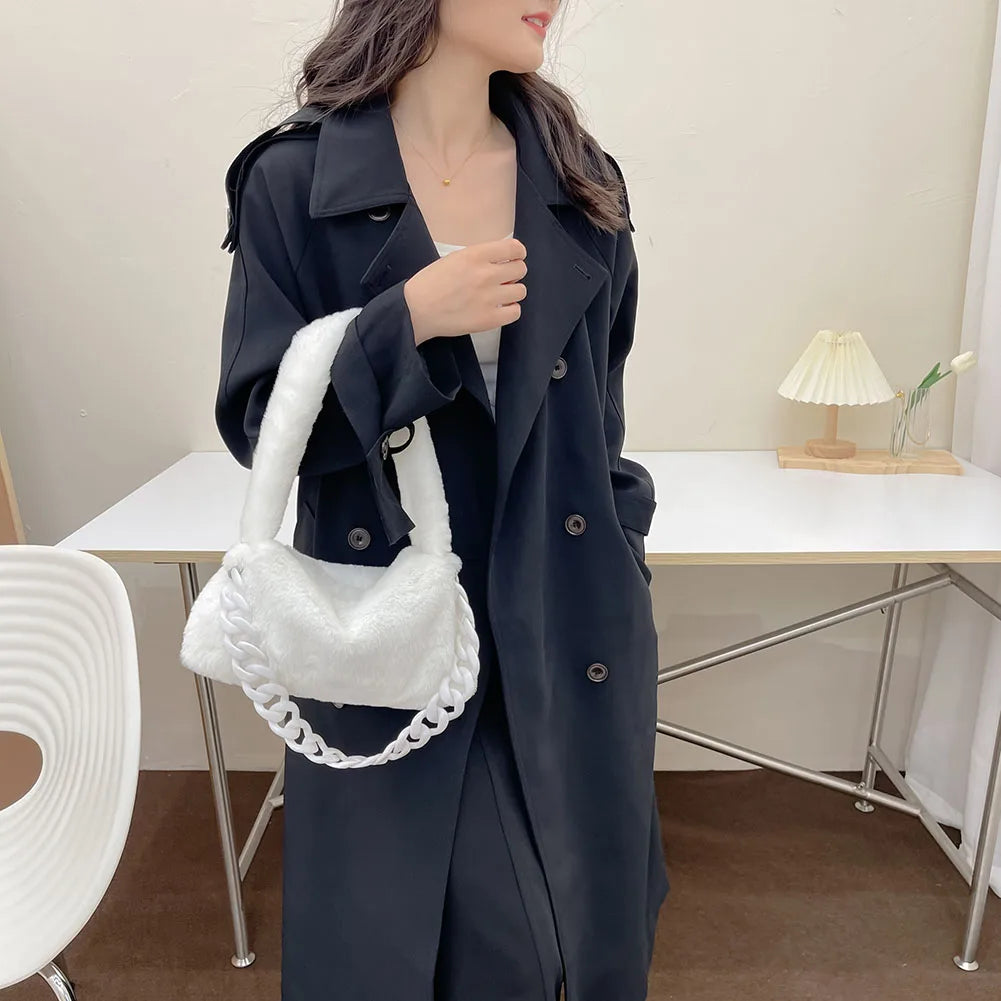 Soft Fluffy Chain Underarm Bag Portable Handle Women Armpit Bag