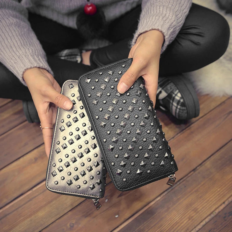Punk Faux Leather Clutch Wallet Rivet Holder Purse Handbag