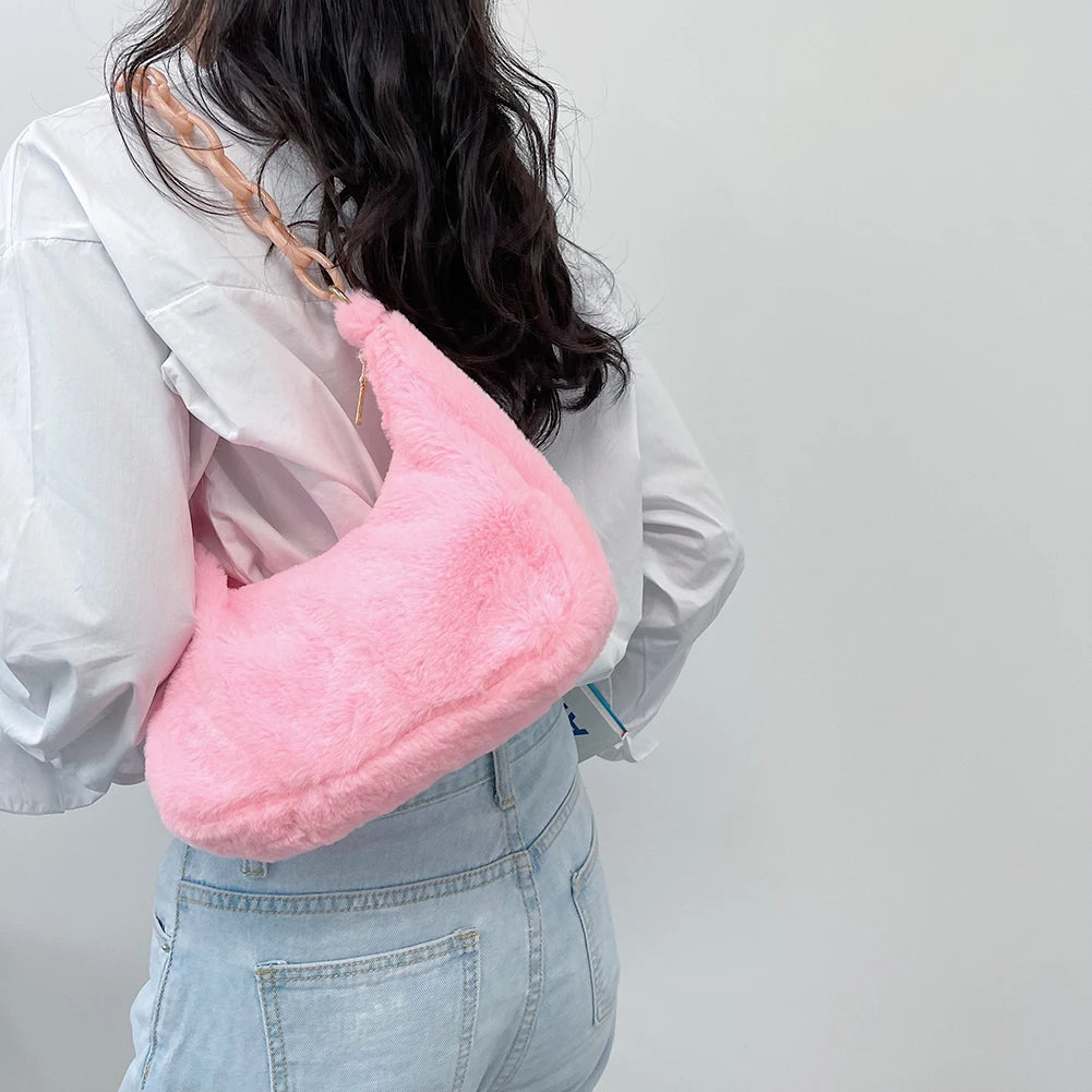 Women Acrylic Chain Plush Large Shoulder Bag