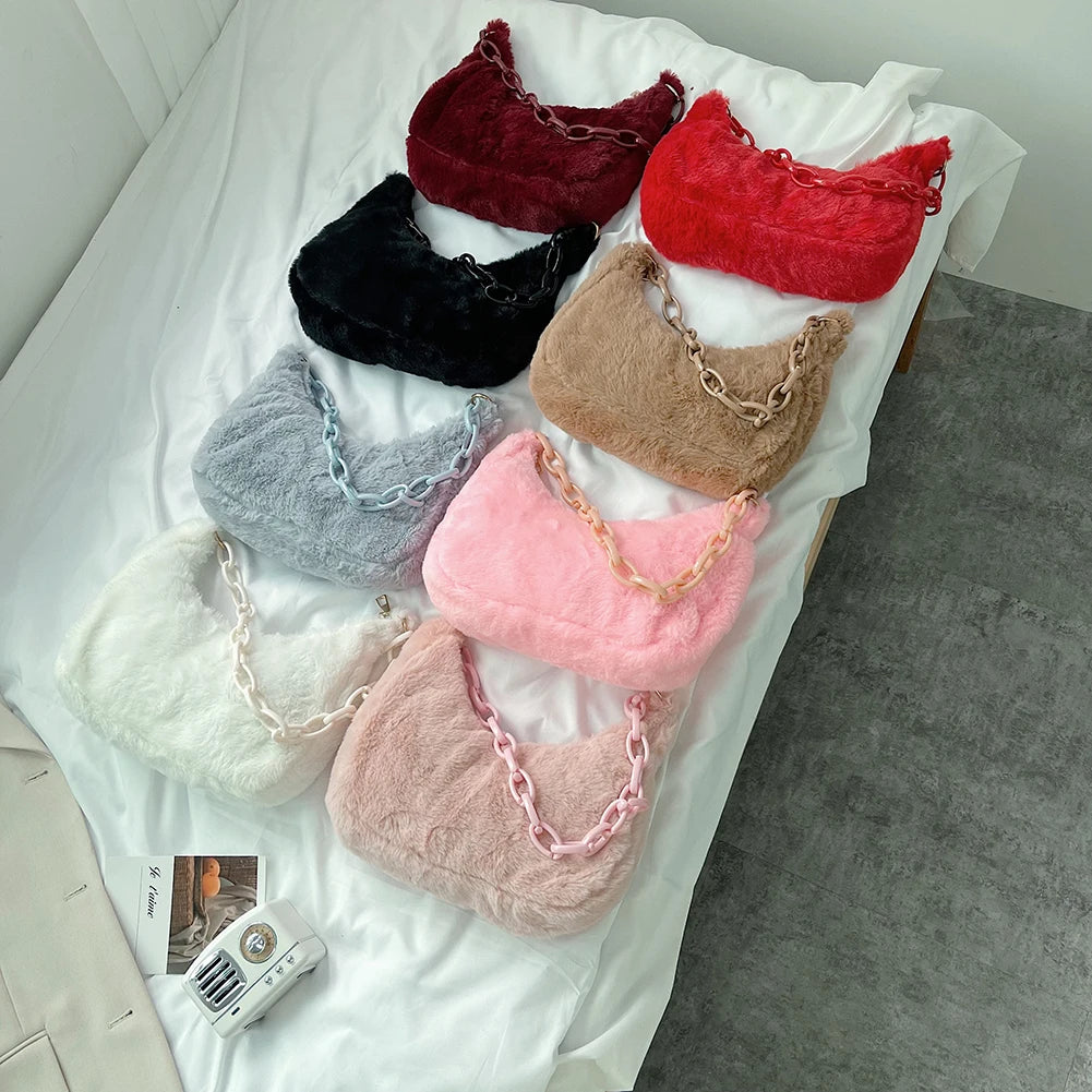 Women Acrylic Chain Plush Large Shoulder Bag