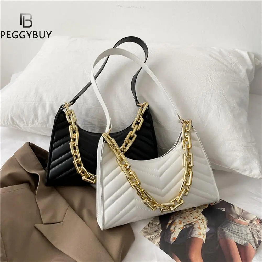 Women Thick Chain PU Leather Shoulder Bag Casual Small Hobos Handbags
