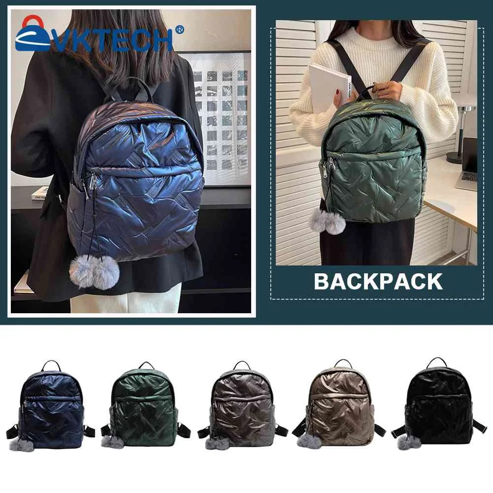 Waterproof Quilted Backpack with Pompom Ball