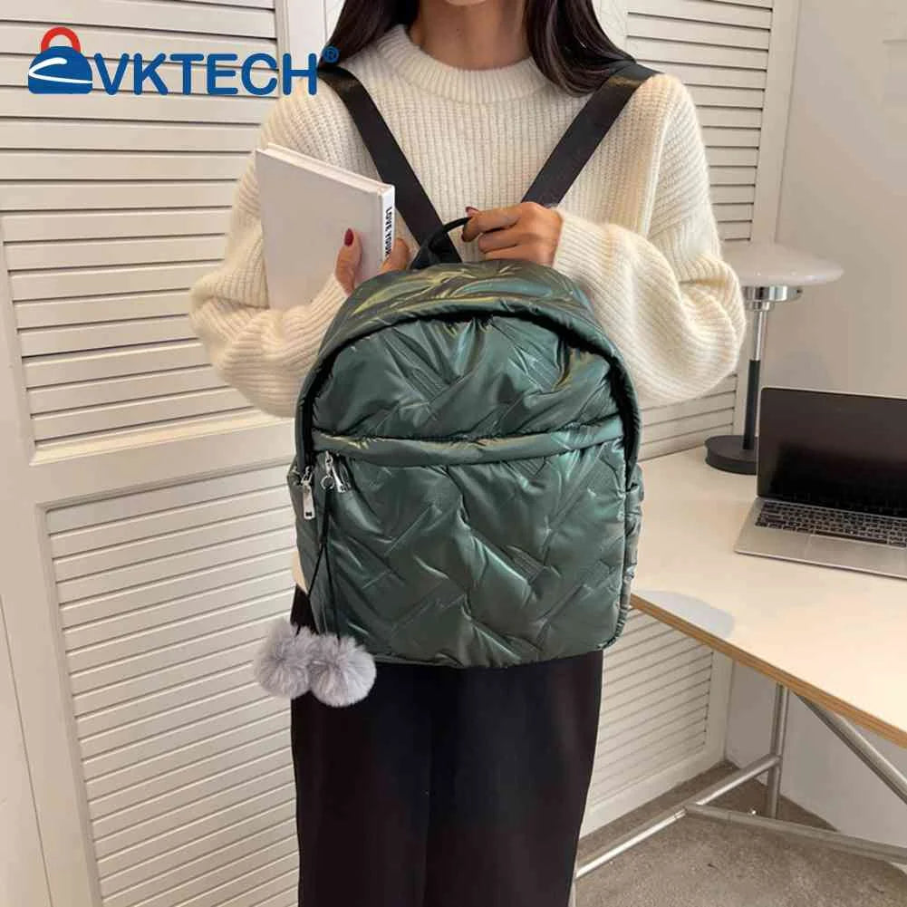 Waterproof Quilted Backpack with Pompom Ball