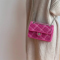 Rose Woolen Shoulder Bag Lock Plaid Pattern Small Chain Crossbody Bags