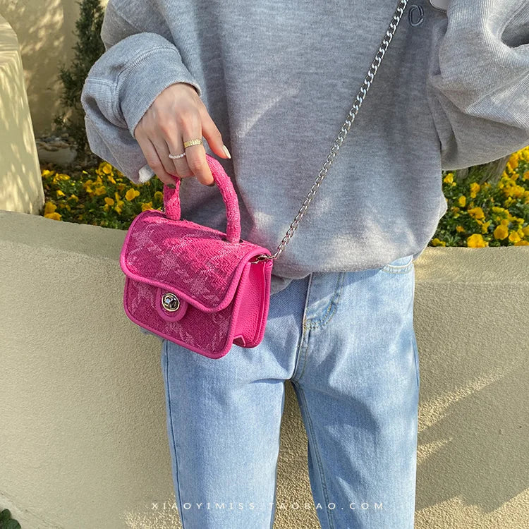 Rose Woolen Shoulder Bag Lock Plaid Pattern Small Chain Crossbody Bags