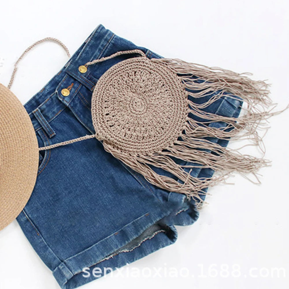 Round Straw Beach Bag Bohemian Woven Shoulder Bag