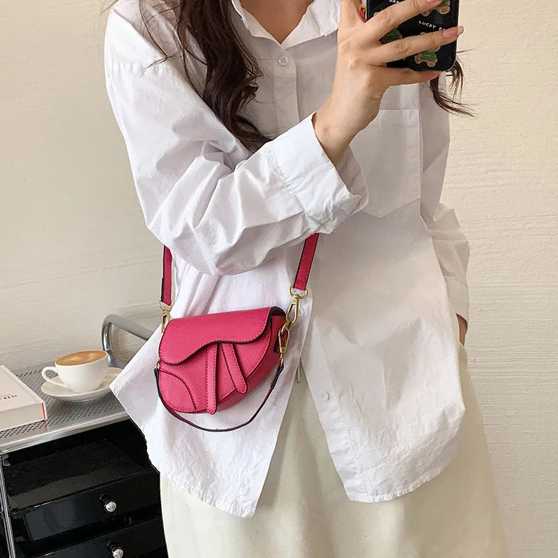 Small Women Saddle Bag High Solid PU Leather Crossbody Messenger Clutch